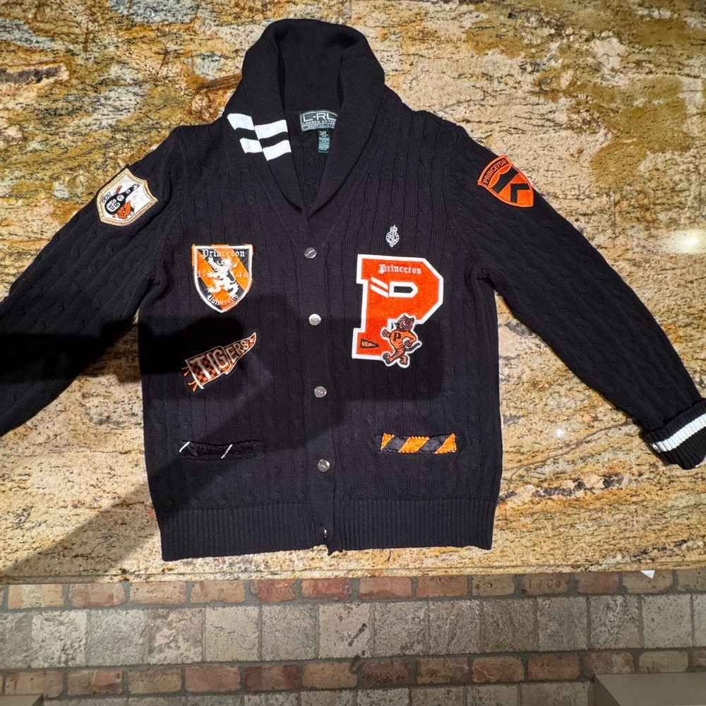 Polo Ralph Lauren black cardigan with white stripes Princeton varsity patches